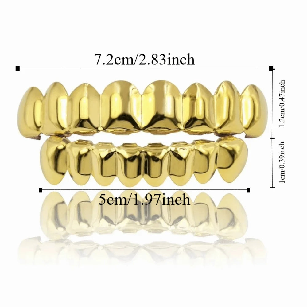 Glossy Silver Teeth Grillz Top & Bottom Set – Shiny Caps Teeth Grillz PLUSH