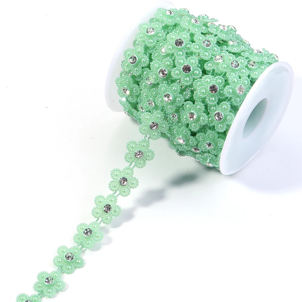5 Yards Pearl Flower Chain with Rhinestone for DIY Jewelry Pearl Jewelry Chain PLUSH Grass Green