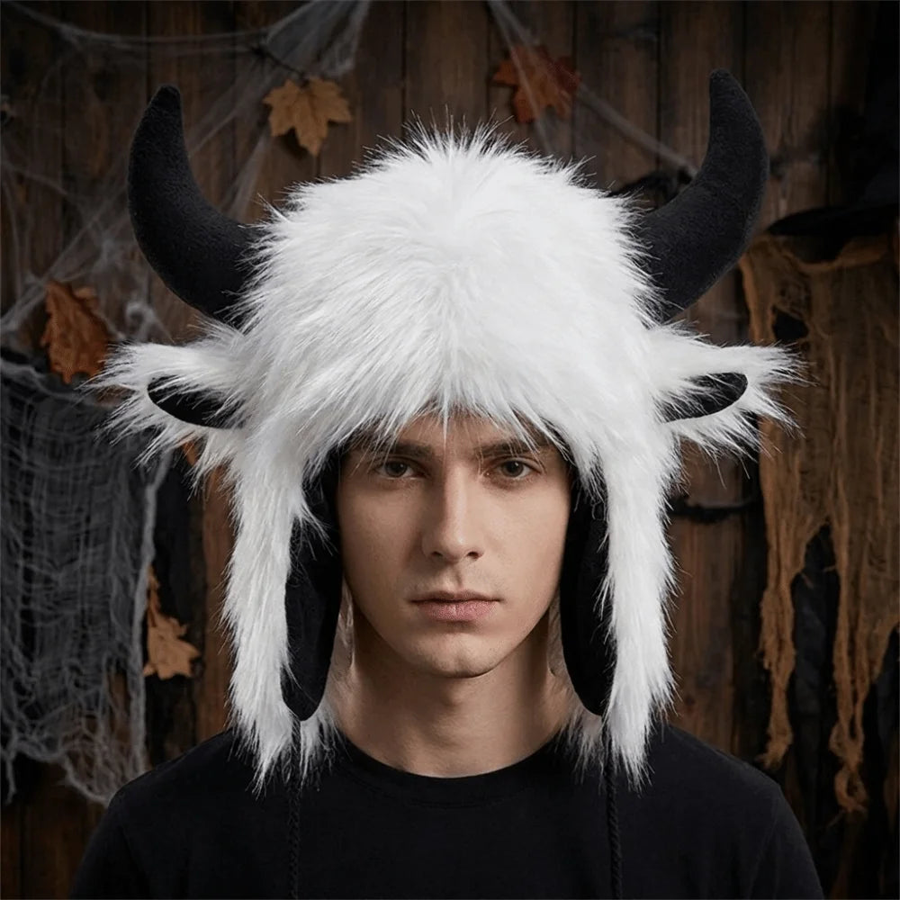 Vintage Ox Horn Lei Feng Cap – Fluffy Fur Trim Thermal Hat Winter Ear Flap Hat PLUSH