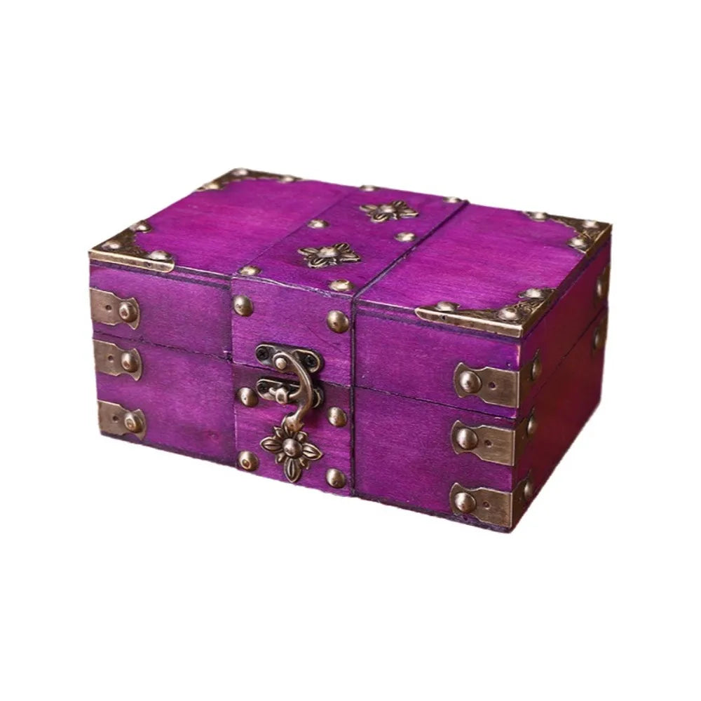 Vintage Wooden Treasure Chest Jewelry Box with Lock – Retro Jewelry Storage Box PLUSH Style-21