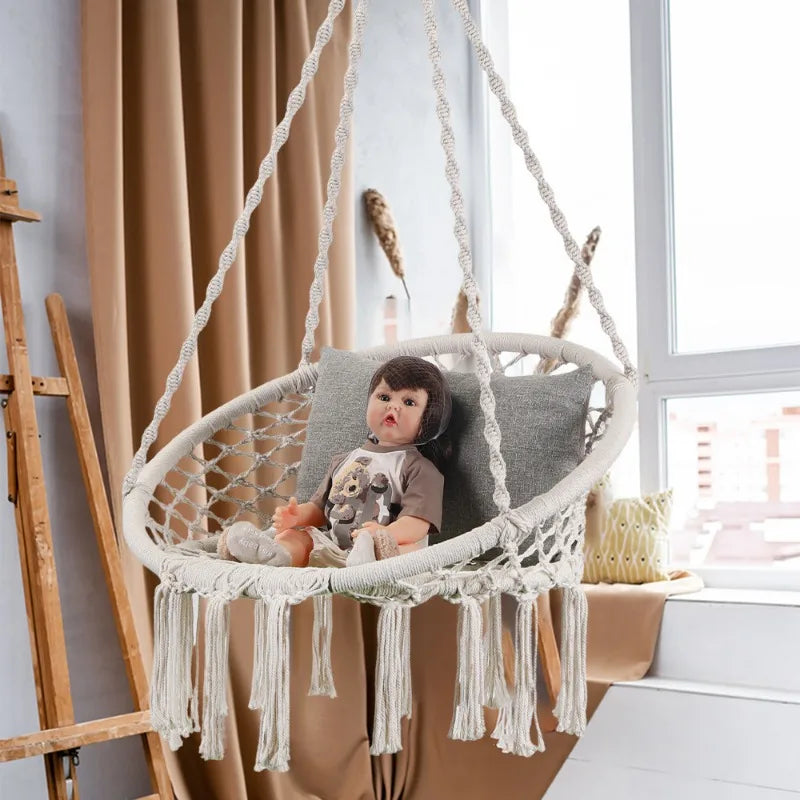 Nordic Macrame Hanging Chair – Boho Egg Swing with Fringe Macrame Swing Chair PLUSH