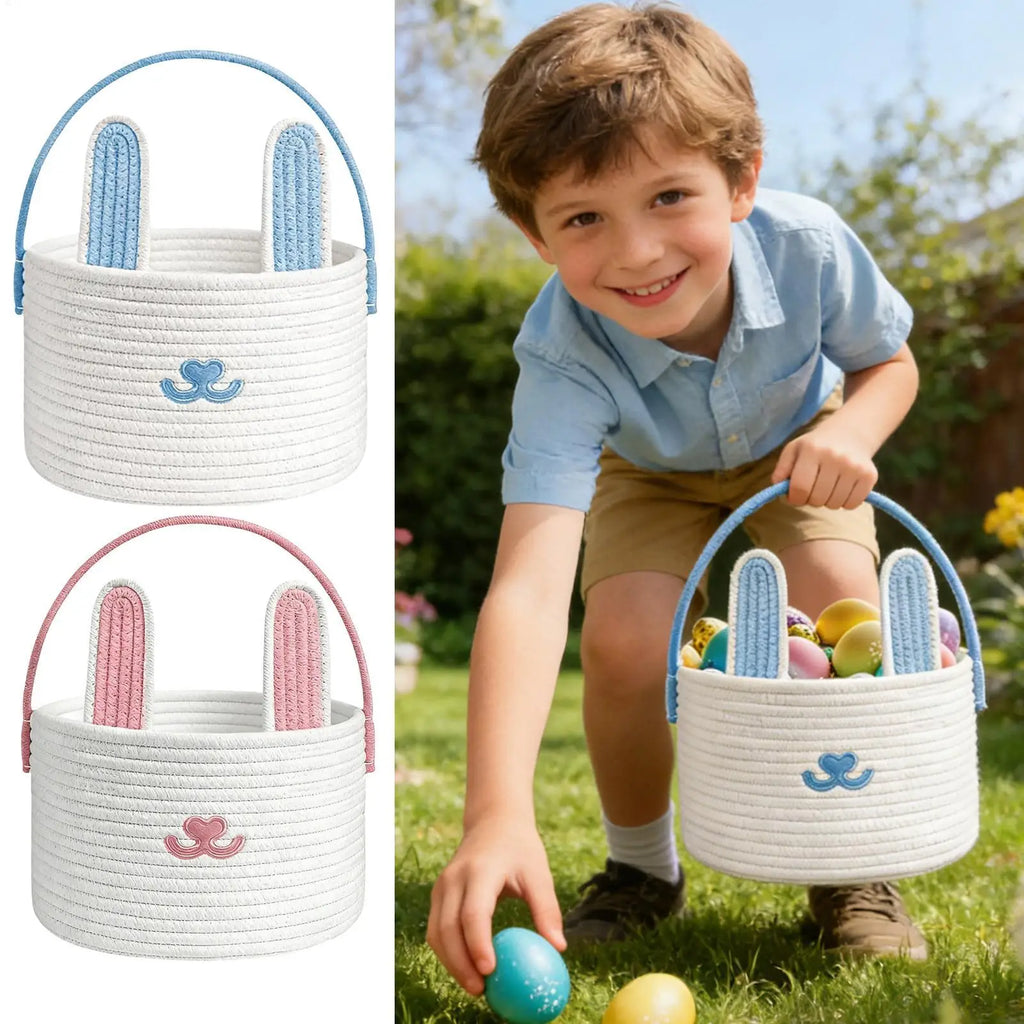 Easter Bunny Woven Cotton Rope Basket – Kids Egg Hunt Bag Easter Gift Basket PLUSH
