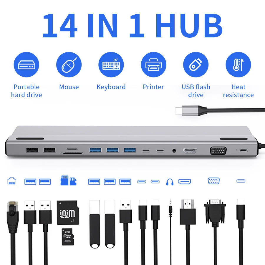 14-in-1 USB-C Hub Docking Station HDMI VGA RJ45 SD Card USB-C Docking Station PLUSH 14-in-1 hub