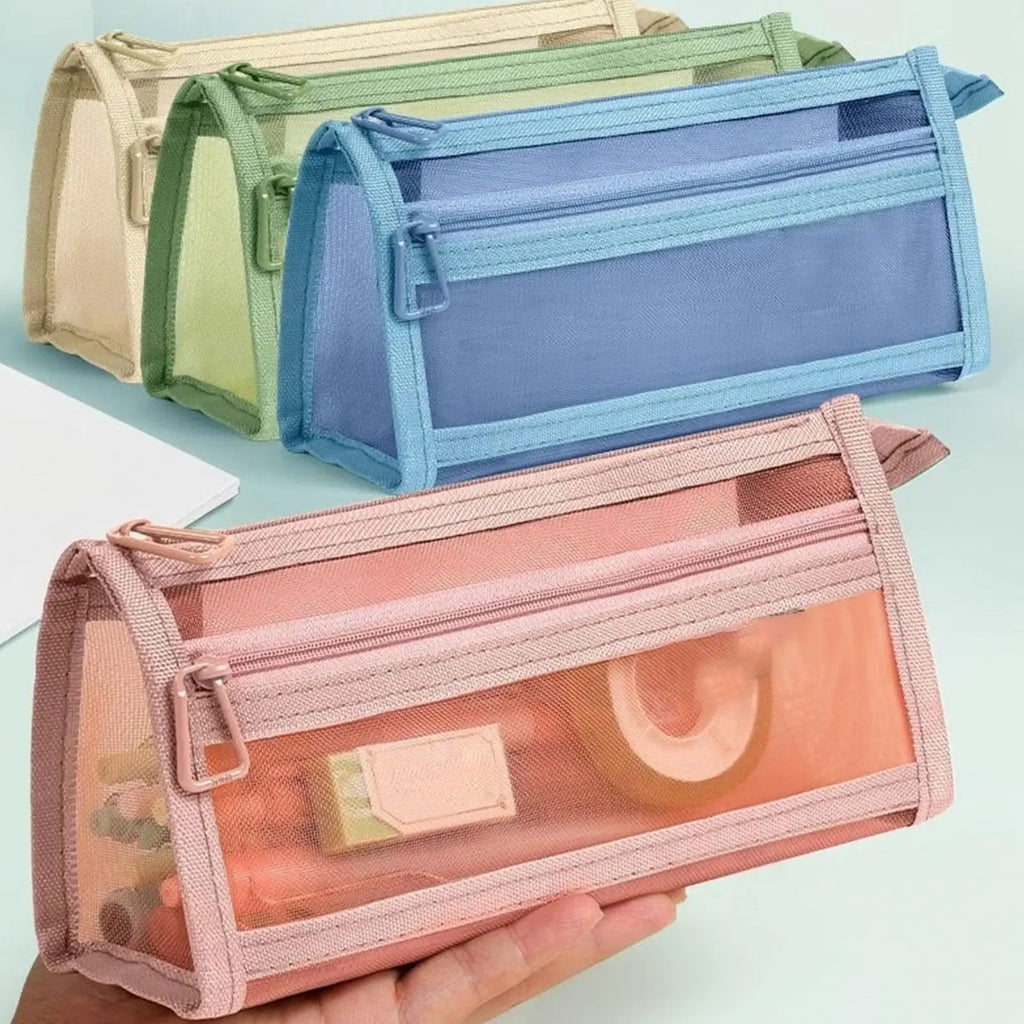 Clear Double-Layer Mesh Pencil Pouch with Zipper & Handle Mesh Pencil Pouch PLUSH