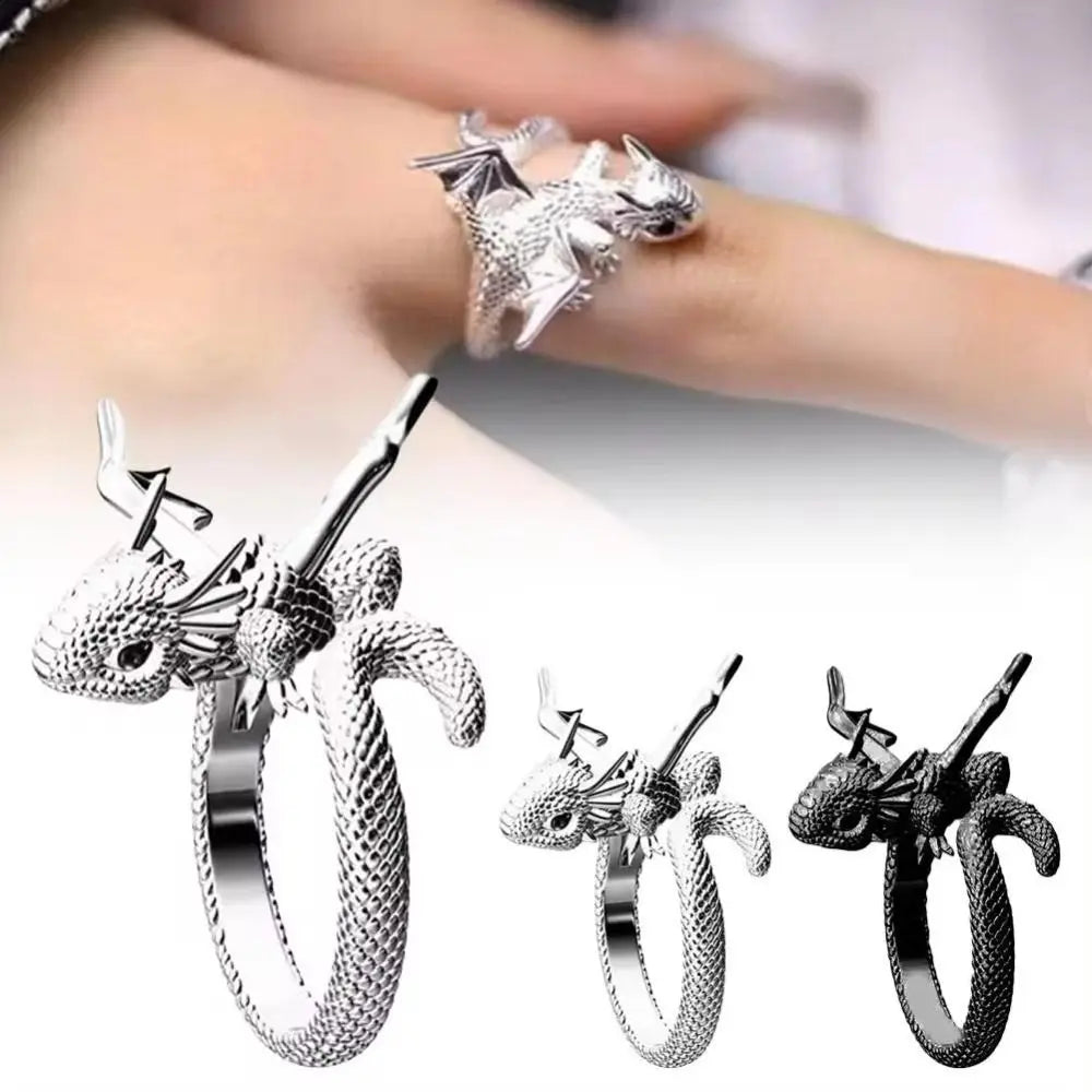 Vintage Dragon Adjustable Silver Ring – Retro Animal Jewelry Fashion Ring PLUSH