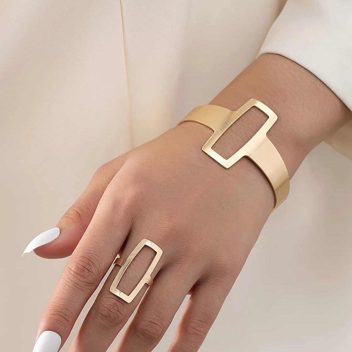 Geometric Hollowed Square Stainless Steel Ring & Bracelet Set Jewelry Set PLUSH