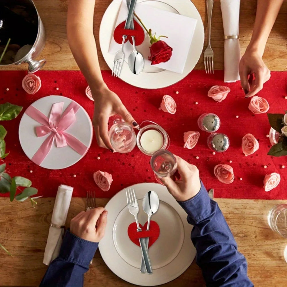Heart Shaped Felt Flatware Holders – Red Valentine Table Decor Flatware Holders PLUSH