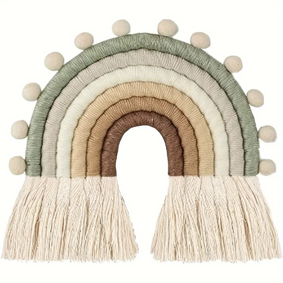 Handwoven Rainbow Macrame Wall Hanging | Boho Pom Pom Decor Macrame Wall Hanging PLUSH one