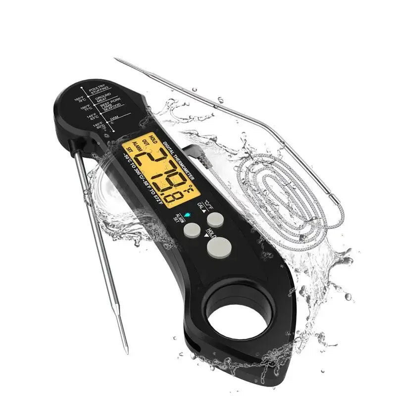 IP7 Double Probe Foldable Digital Meat Thermometer BBQ Digital Meat Thermometer PLUSH Thermometer black