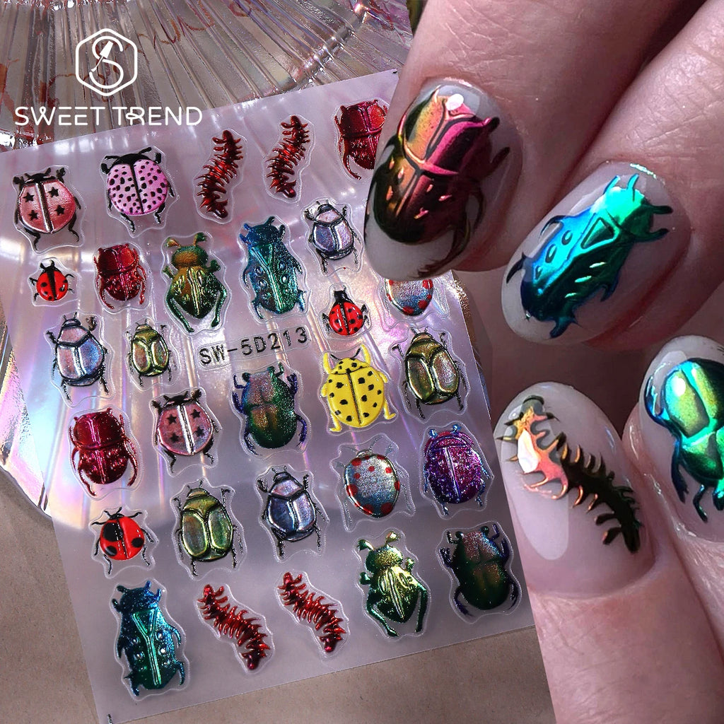 5D Insect Nail Stickers – Ladybug Beetle Embossed Decals Nail Art Stickers PLUSH