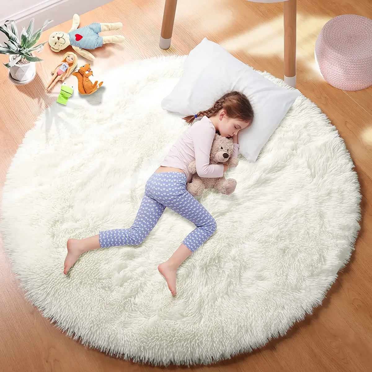 Super Soft Round Plush Rug – Fluffy Thick Pile Floor Mat Plush Area Rug PLUSH white 80x80cm