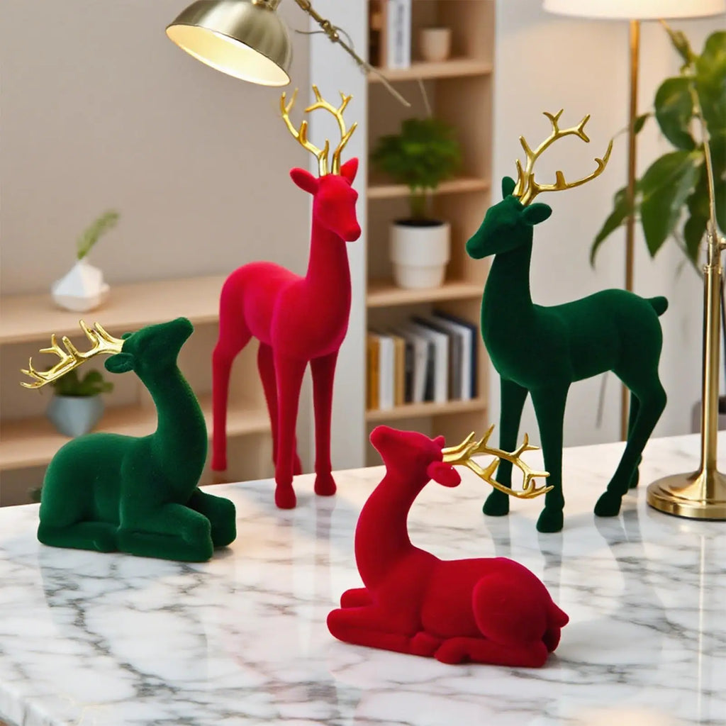 Christmas Reindeer Figurines 2Pcs Flocked Deer Tabletop Decor Christmas Figurines PLUSH
