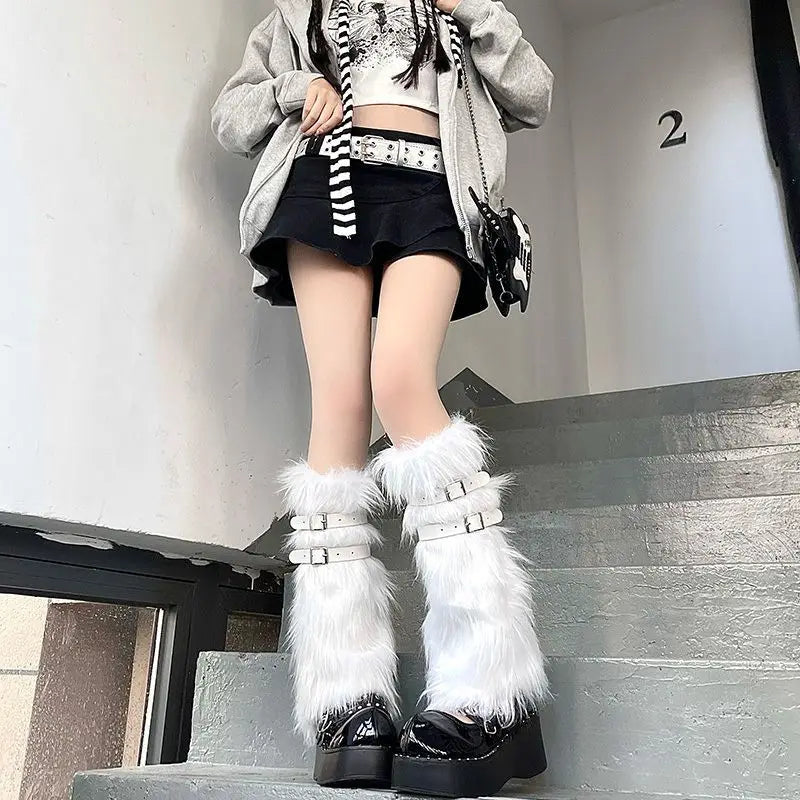 Y2K Faux Fur Leg Warmers & Boot Cuffs for Women – Winter Faux Fur Leg Warmers PLUSH Style D One Size