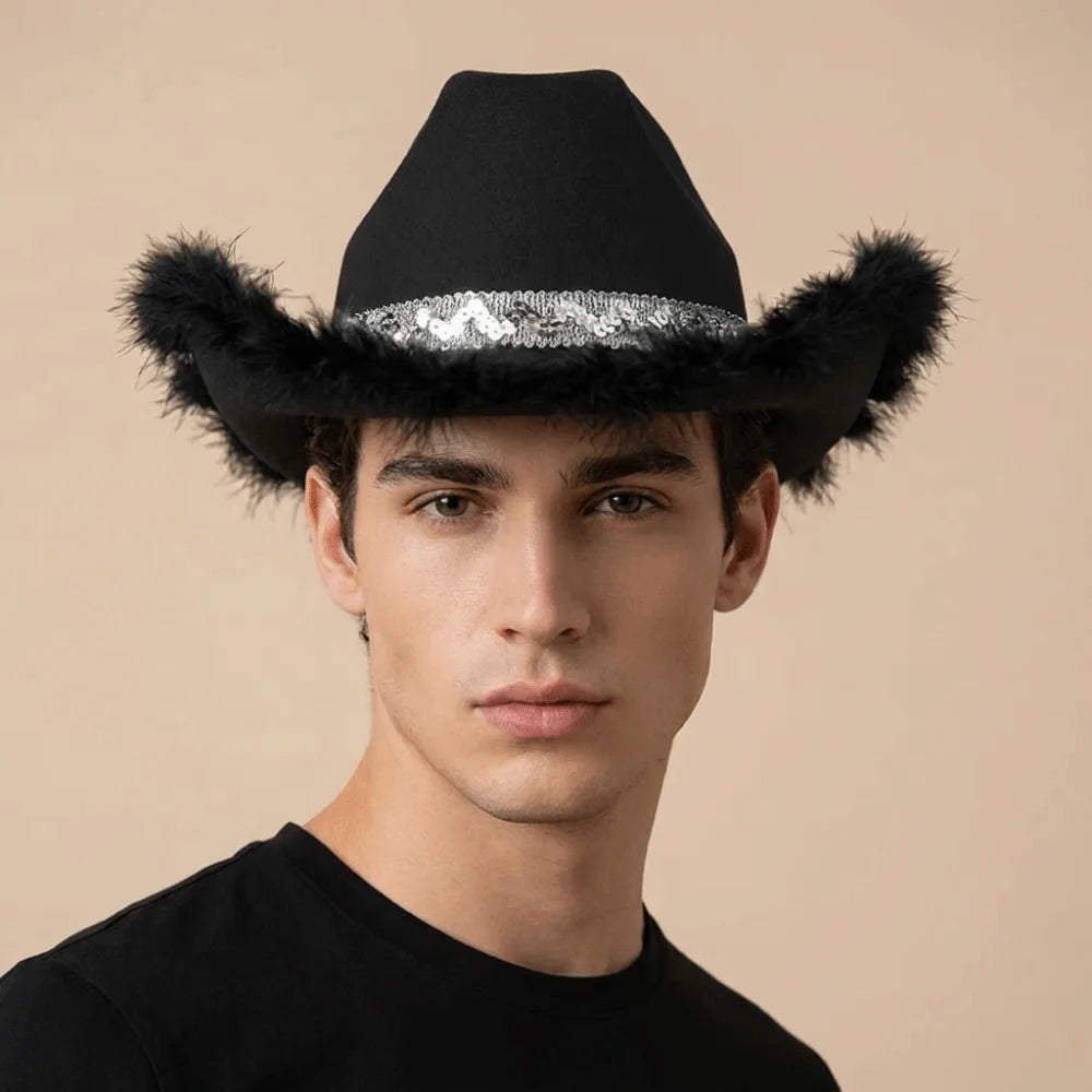 Wide Brim Sequin Cowgirl Hat – Furry Trim Western Style Western Cowgirl Hat PLUSH