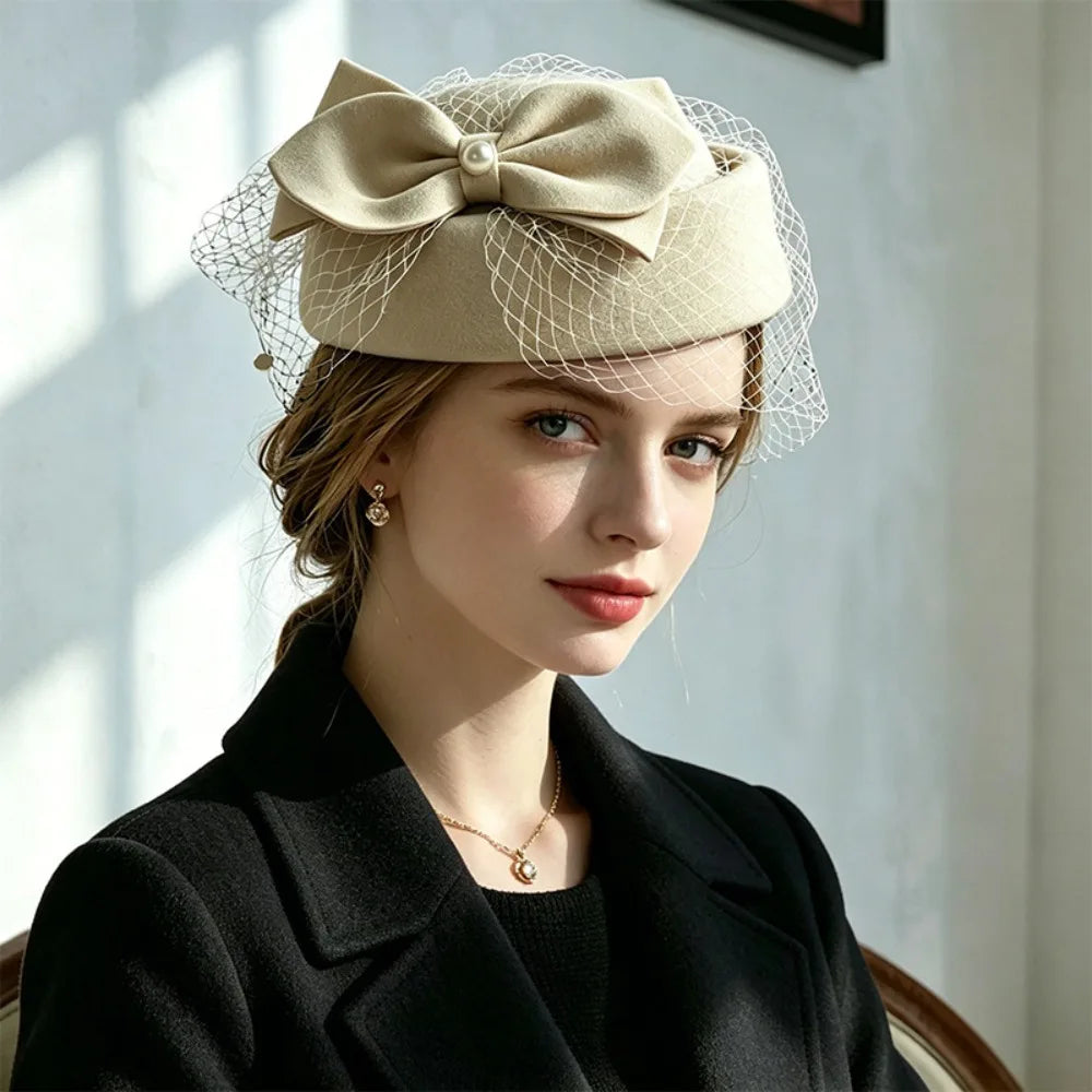 Women's Elegant Pearl Bow Fedora Top Hat | Party & Fashion Women's Fashion Hat PLUSH Beige