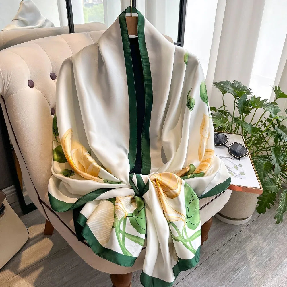 Women's Silk Chiffon Scarf – Lotus Print Shawl Wrap | 180cm Silk Chiffon Scarf PLUSH Style19