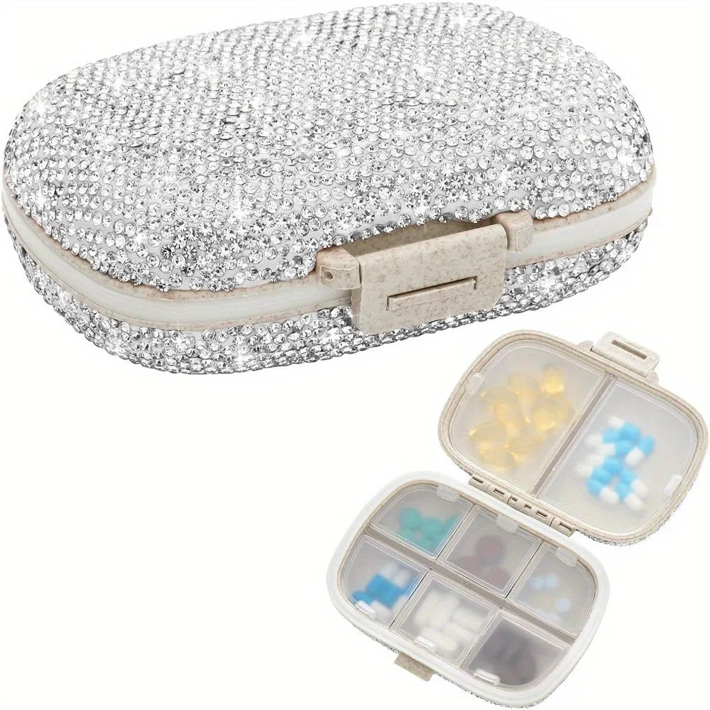 Bling Rhinestone Pill Organizer – 8-Compartment Travel Pill Box Pill Organizer PLUSH White