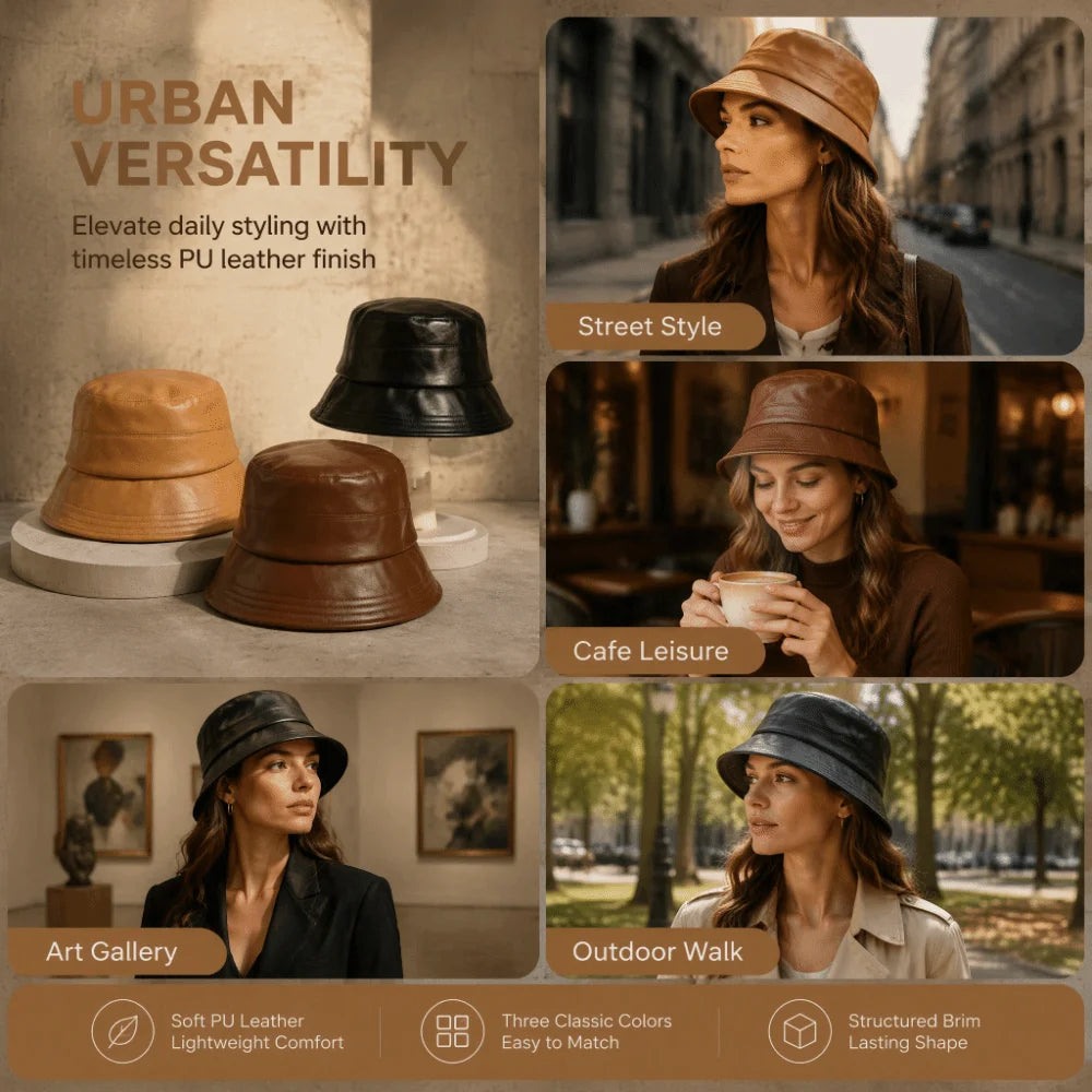 Women's PU Leather Wide Brim Bucket Hat – Packable Sun Hat Bucket Hat PLUSH