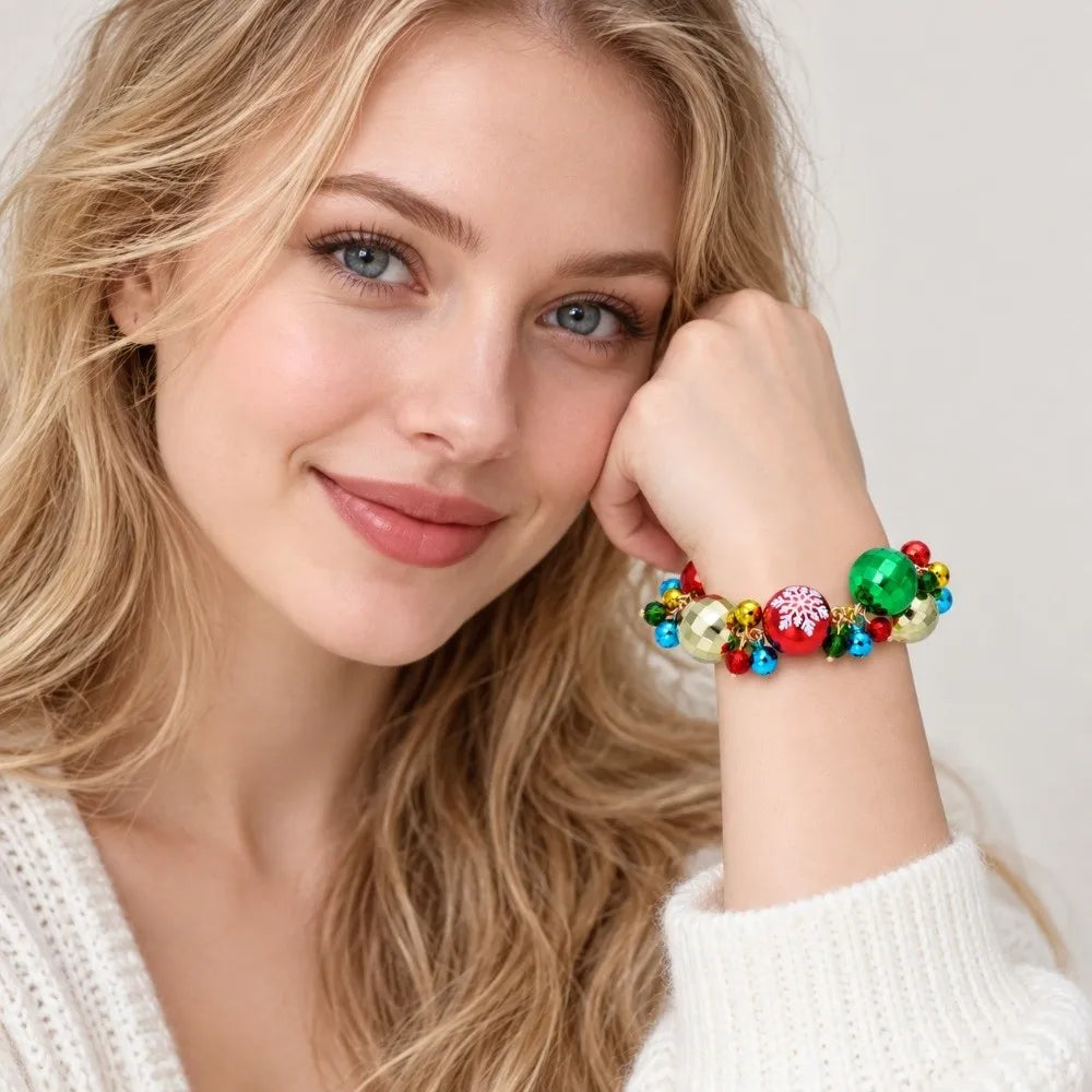Christmas Beaded Bracelet – Red Green Faux Pearl & Crystal Bangle Beaded Bracelet PLUSH