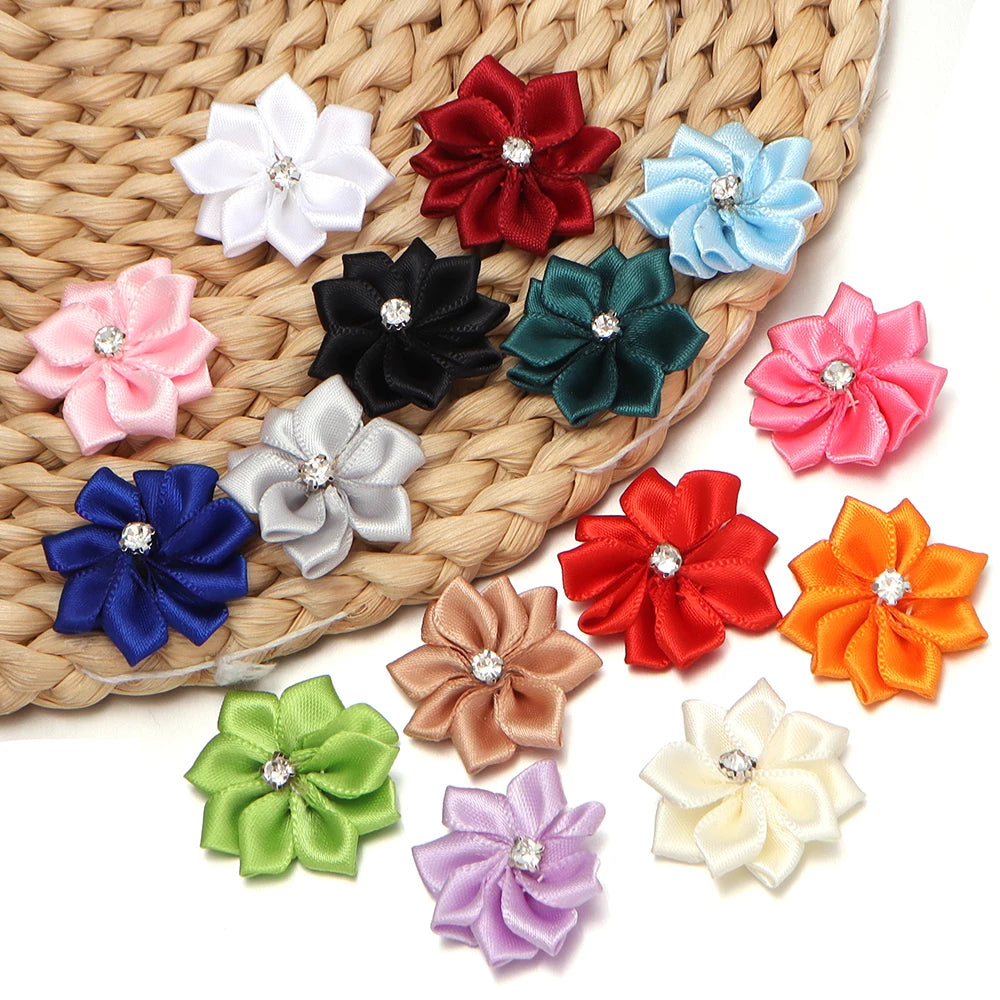 10pcs 3cm Satin Ribbon Flowers Rhinestone 9-Petal DIY Craft Fabric Flower Appliqué PLUSH