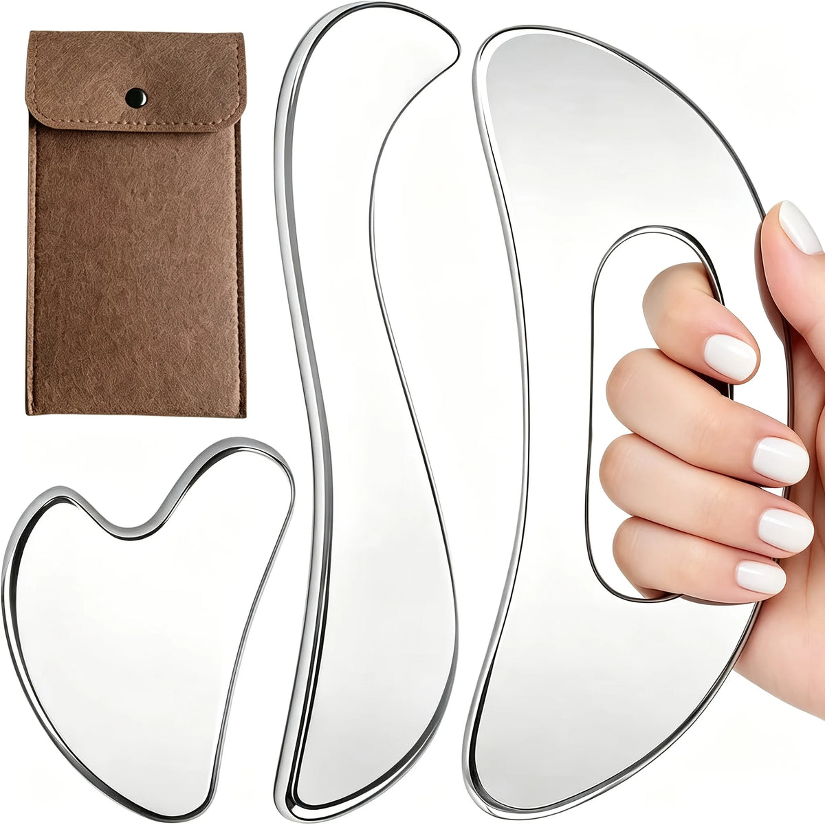 Stainless Steel Gua Sha Scraper Tool Set – Body & Face Gua Sha Scraper Set PLUSH 3PCS