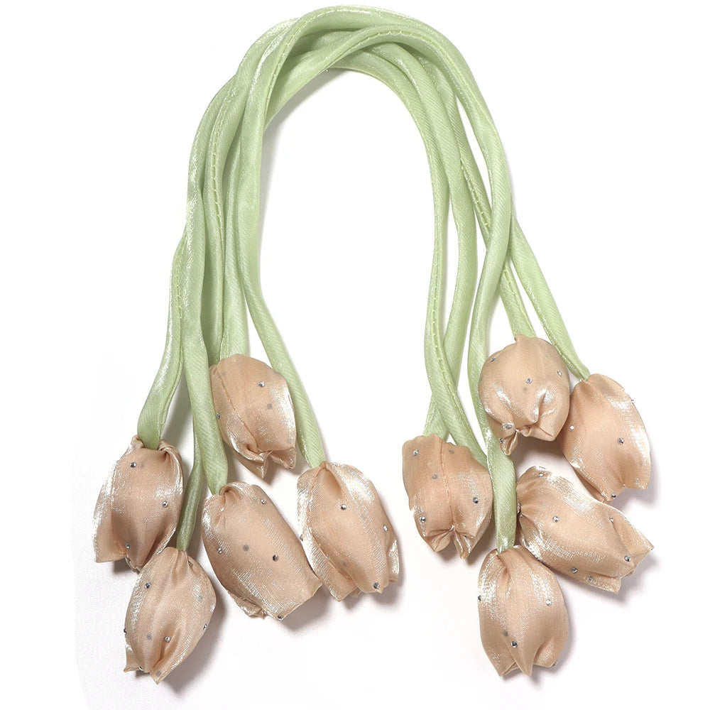 5pcs Satin Tulip Flower Strings Rhinestone DIY Hair & Garment Fabric Flower Trim PLUSH brown