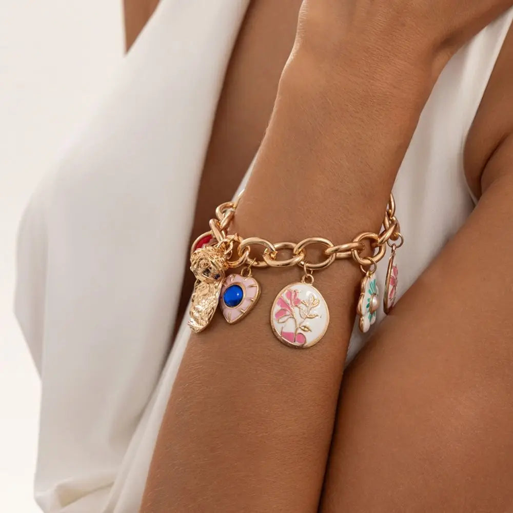 Enamel Charm Bracelet – Floral Bohemian Glaze Chain & Link Enamel Charm Bracelet PLUSH