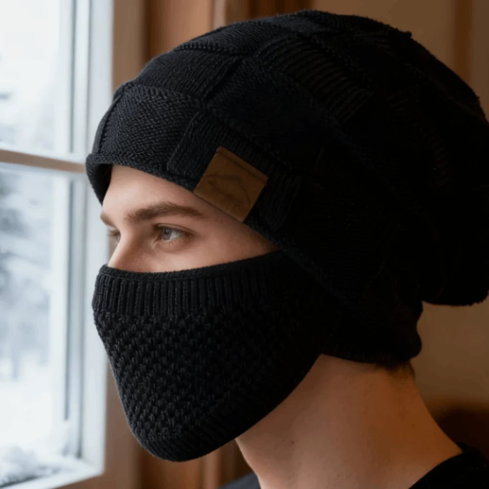 2-Piece Knit Beanie & Face Mask Set – Windproof Winter Hat Knit Beanie Set PLUSH