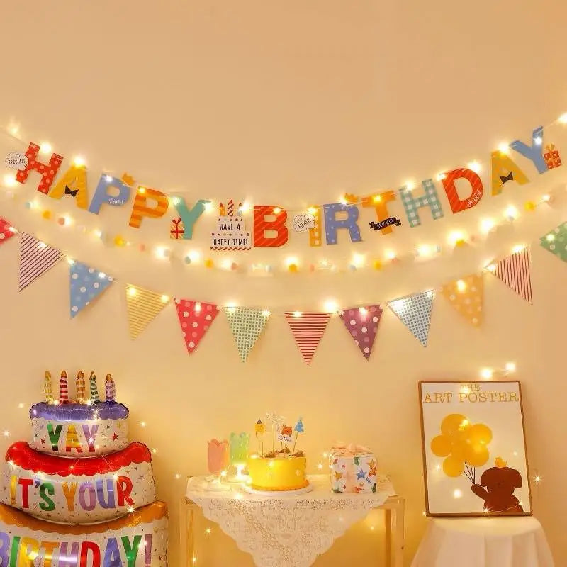 Happy Birthday Banner Set with String Lights & Hanging Flags Party Decoration Set PLUSH Default Title