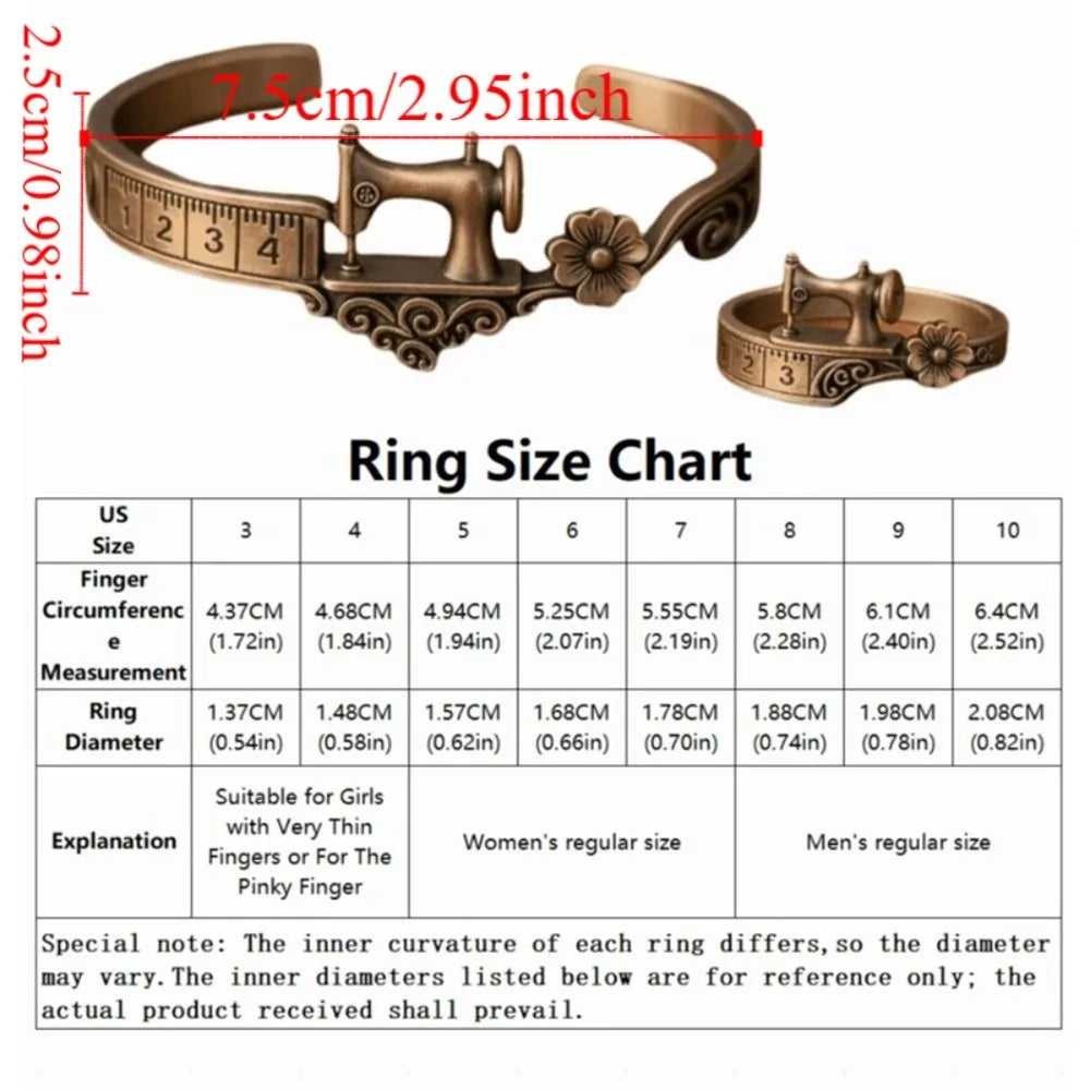 Sewing Machine Cuff Bracelet & Ring – Vintage Bronze Alloy Fashion Cuff Bracelet PLUSH