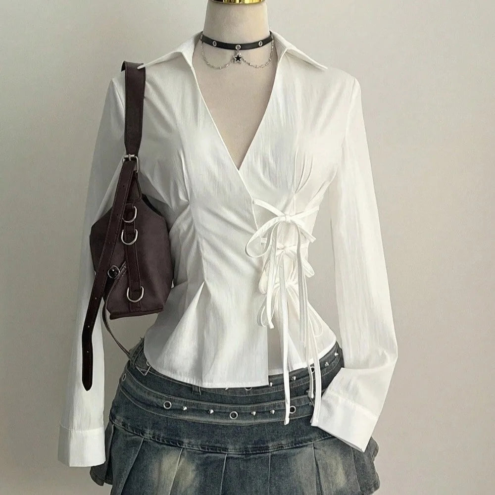 Women's Y2K V-Neck Tie-Waist Chiffon Blouse | Slim Fit Top Chiffon Blouse PLUSH White S