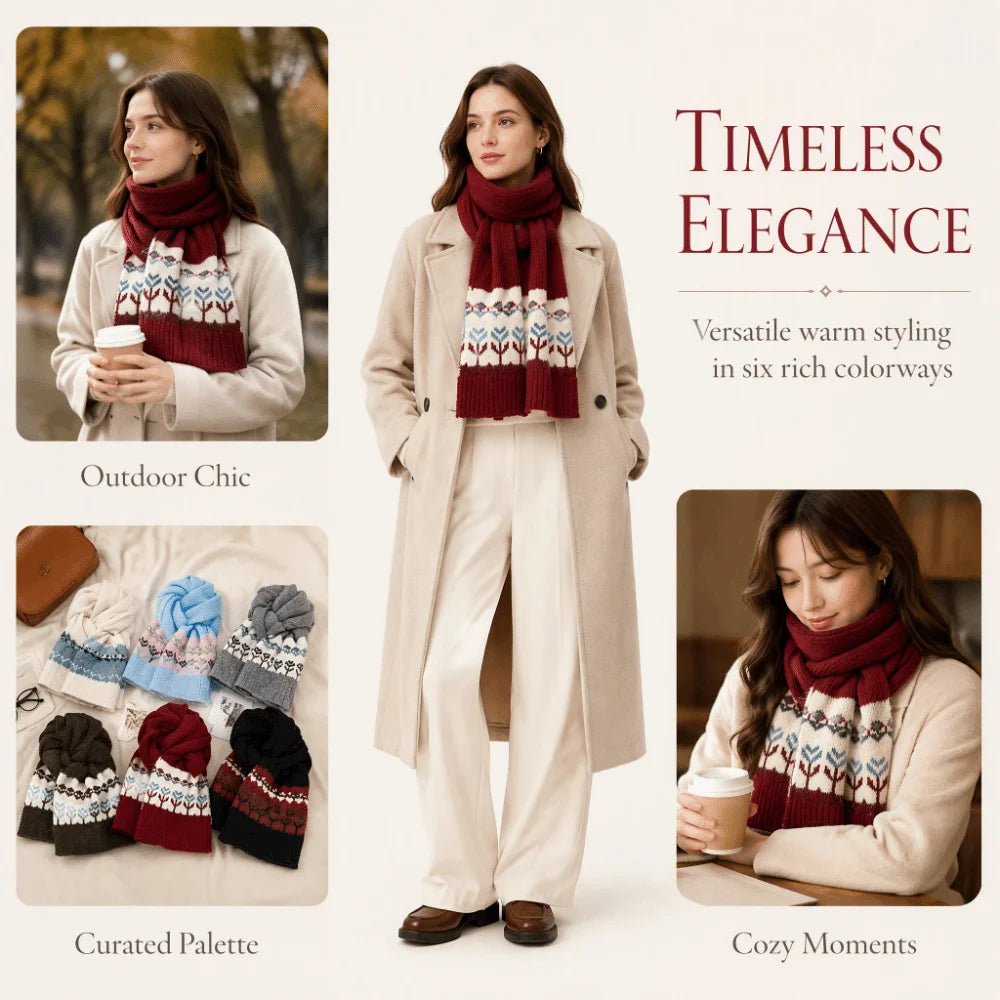 Women's Fair Isle Jacquard Knitted Scarf – Floral Winter Shawl Knitted Winter Scarf PLUSH