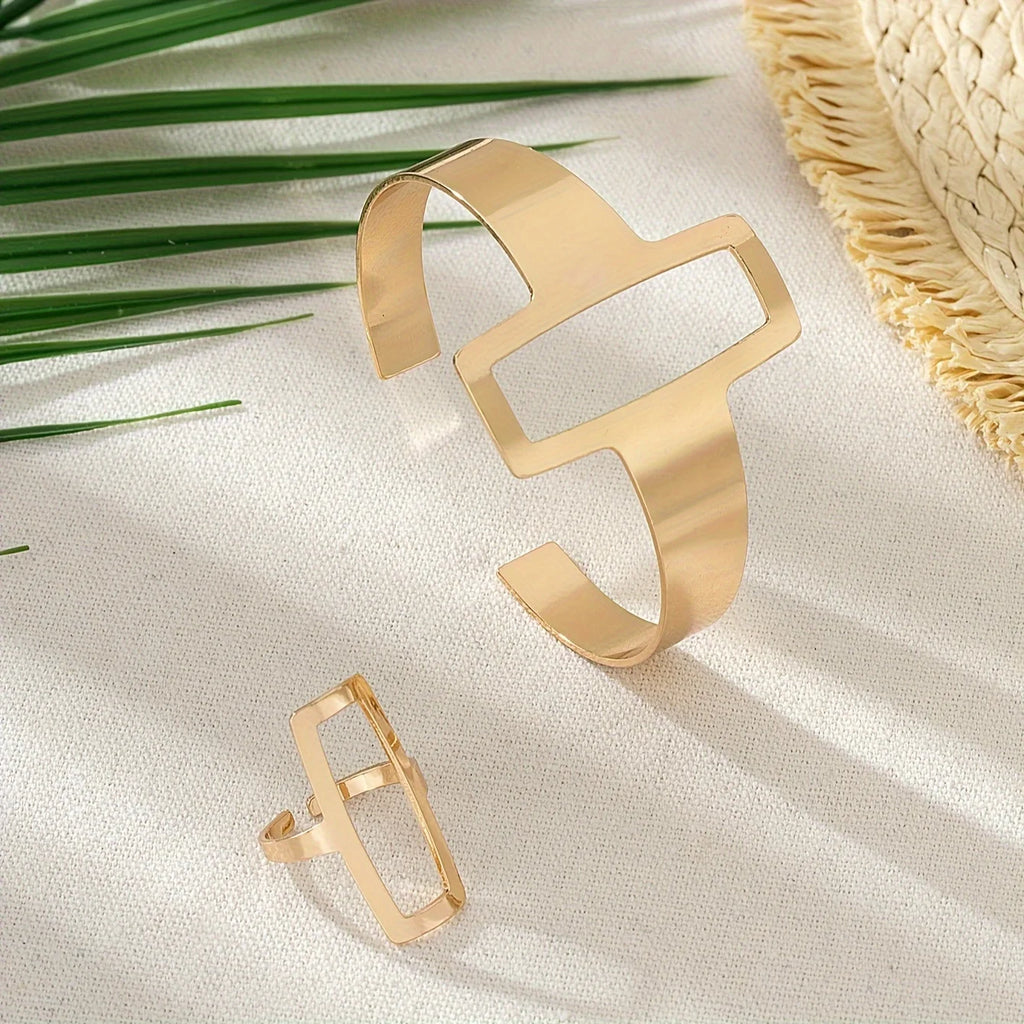 Geometric Hollowed Square Stainless Steel Ring & Bracelet Set Jewelry Set PLUSH