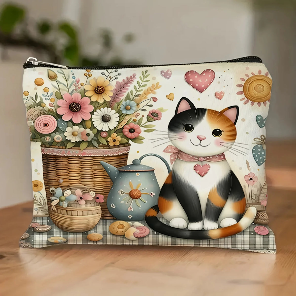 Cat & Flower Makeup Bag – Cute Multifunctional Travel Zip Pouch Makeup Travel Bag PLUSH A