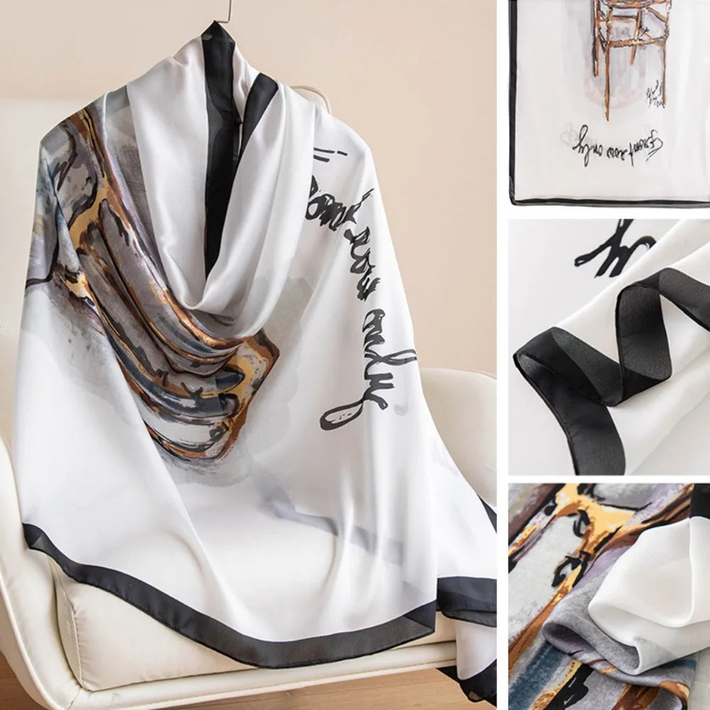 Women's Silk Chiffon Scarf – Lotus Print Shawl Wrap | 180cm Silk Chiffon Scarf PLUSH Style8
