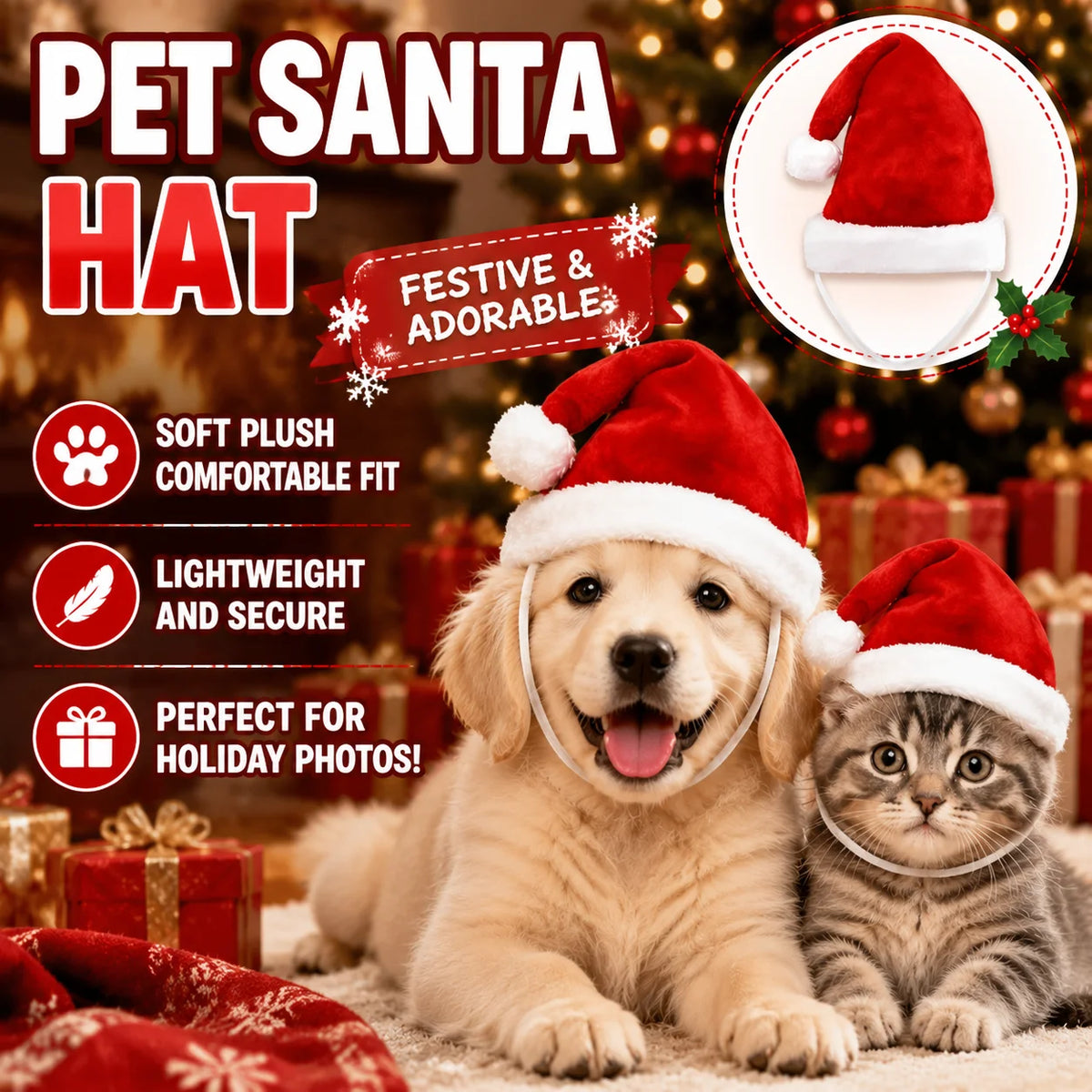 Red Plush Santa Hat for Dogs – Christmas Pet Costume Accessory Pet Costume Hat PLUSH
