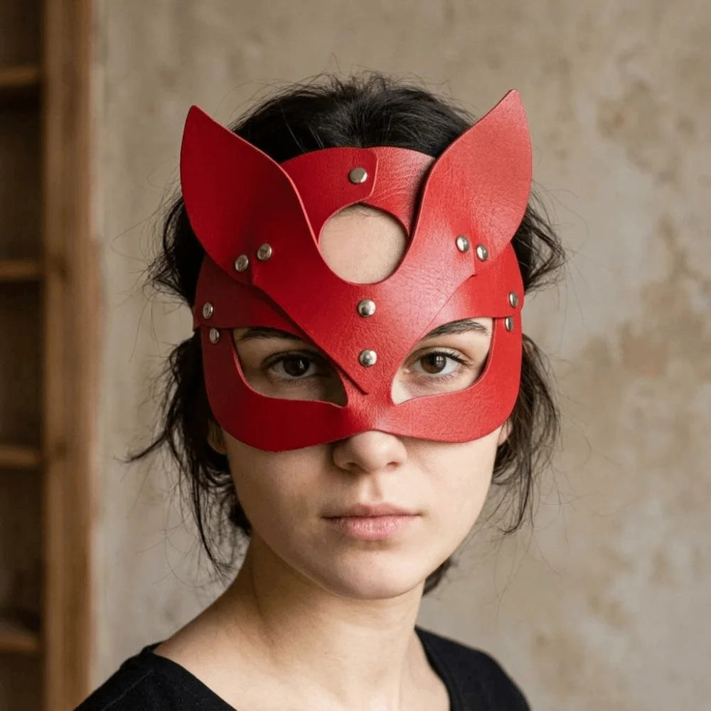 Punk PU Leather Half Face Mask | Animal Ears Masquerade Mask Costume Face Mask PLUSH