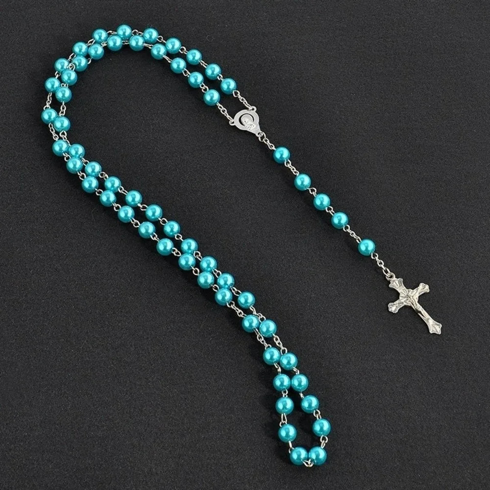Vintage Cross Pendant Necklace | Faux Pearl Glass Bead Rosary Pendant Necklace PLUSH Blue