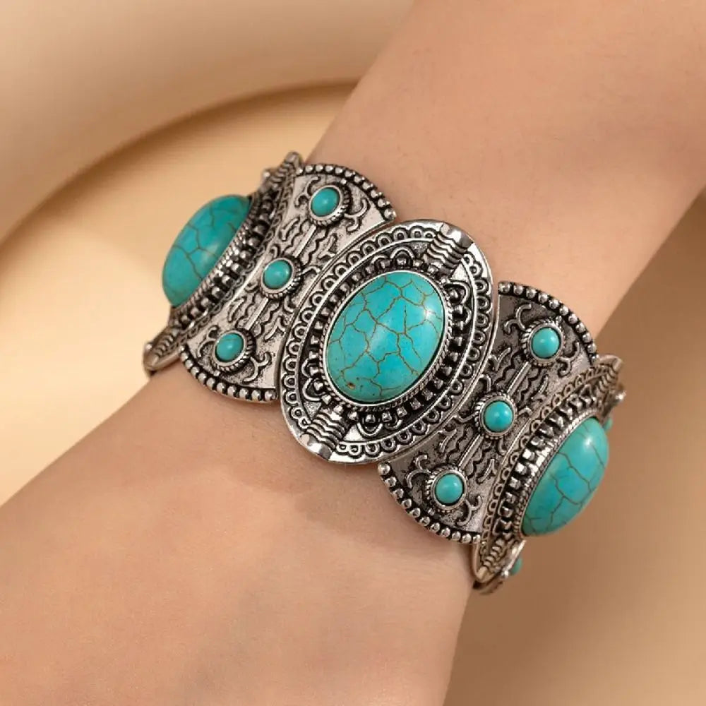 Tribal Wide Elastic Bangle – Bohemian Turquoise Bracelet Cuff Bangle Bracelet PLUSH