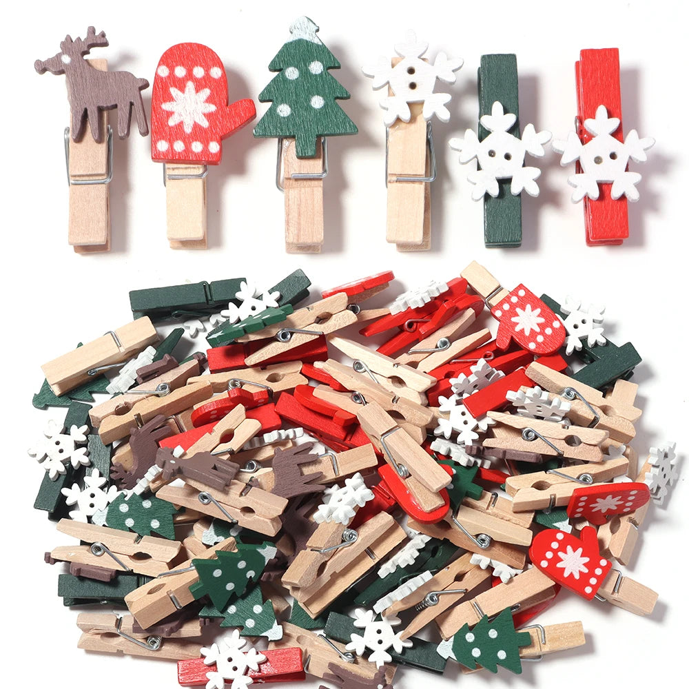 20pcs Christmas Wooden Mini Clips – Xmas Tree Snowflake Reindeer Holiday Wood Clips PLUSH