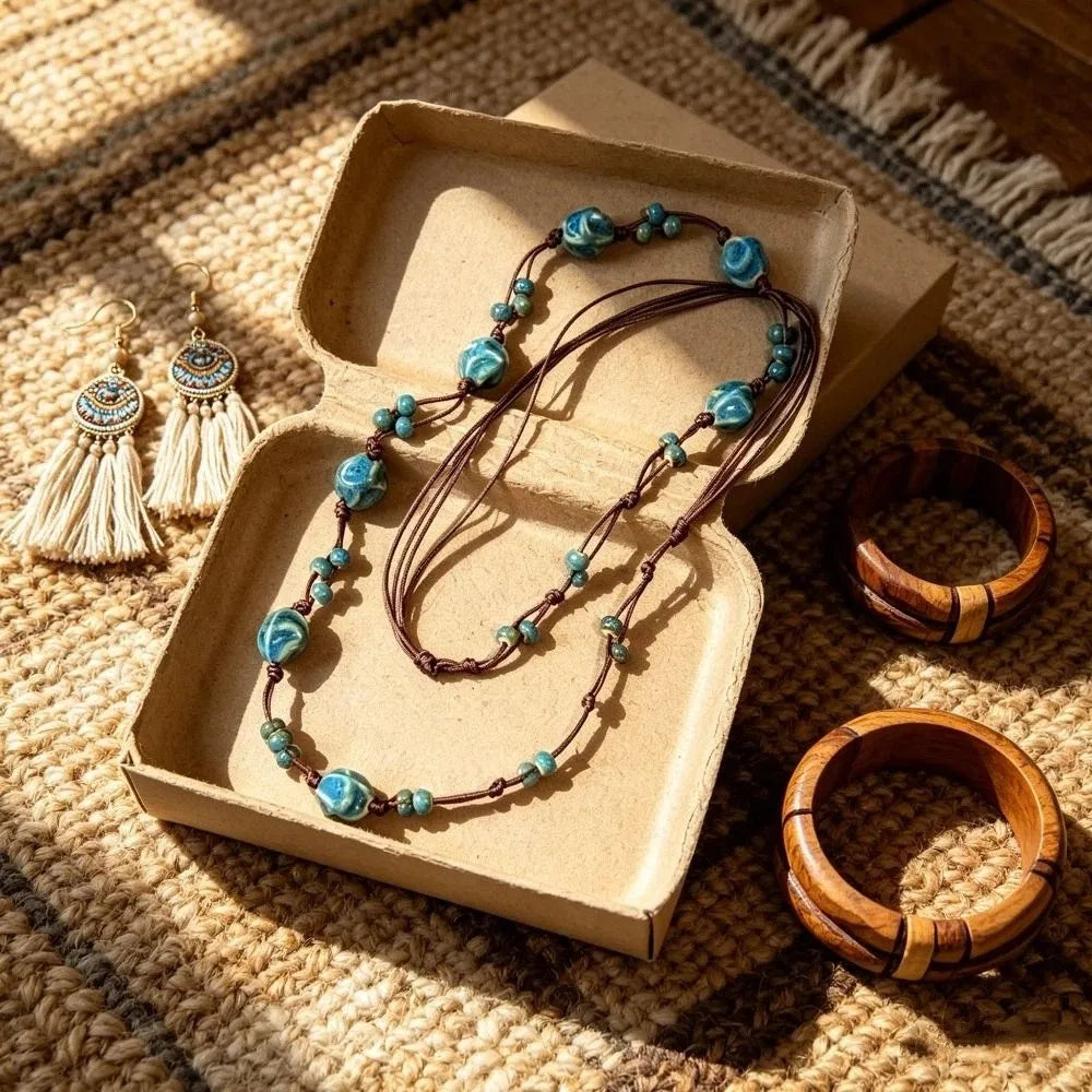 Bohemian Ceramic Beaded Long Necklace | Ethnic Vintage Style Beaded Long Necklace PLUSH