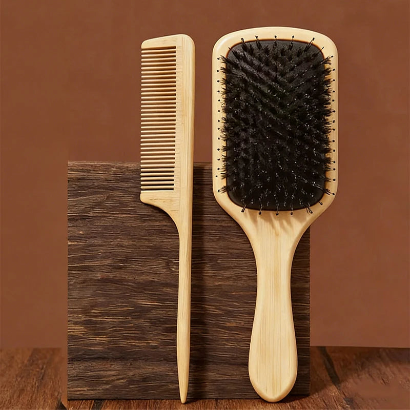 Boar Bristle Hair Brush – Bamboo Handle, All Hair Types Boar Bristle Hair Brush PLUSH 2pcs