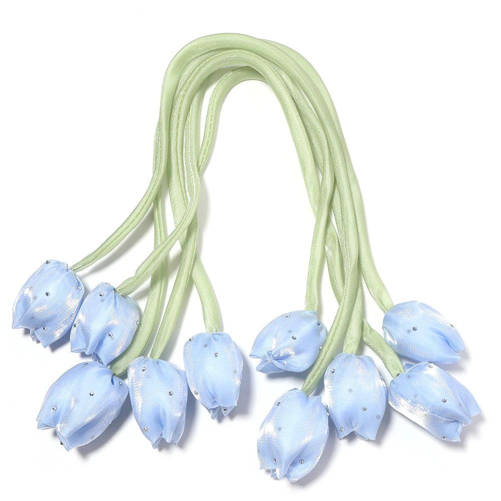 5pcs Satin Tulip Flower Strings Rhinestone DIY Hair & Garment Fabric Flower Trim PLUSH blue