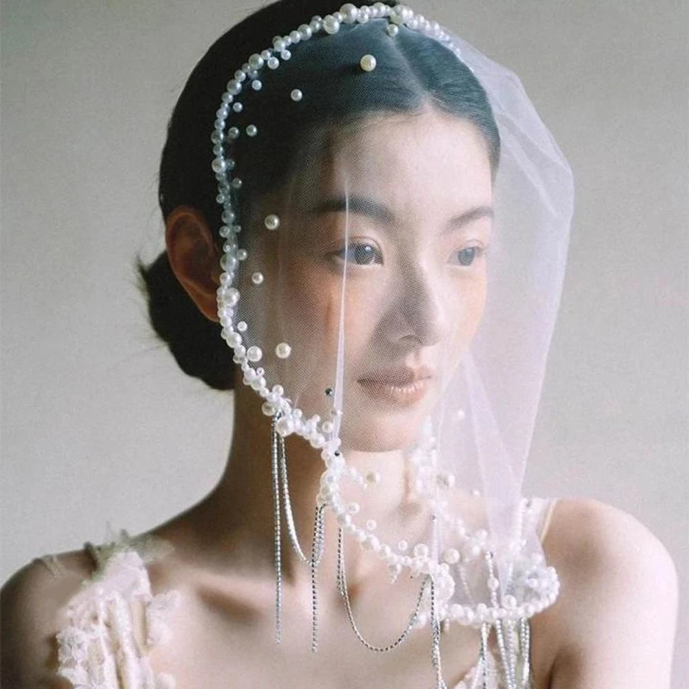 Vintage Pearl Bead Short Bridal Veil – White Tulle Wedding Headpiece Bridal Veil PLUSH