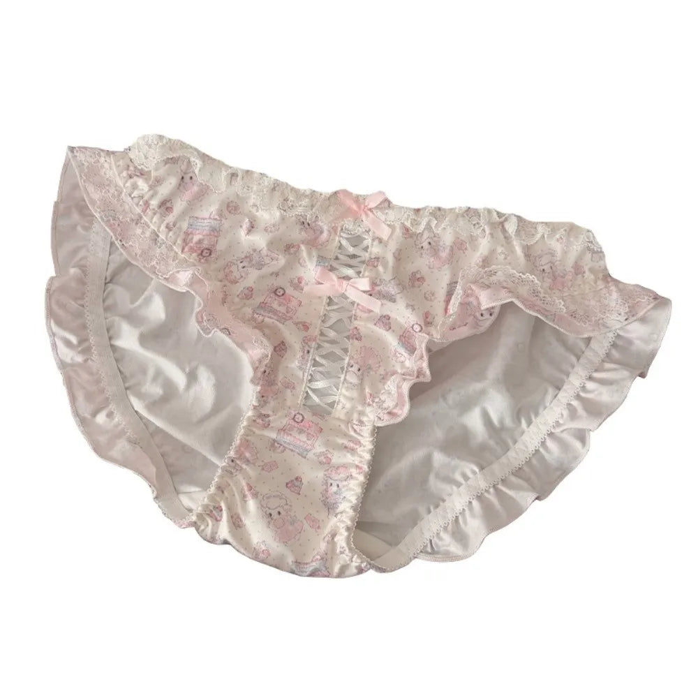 Kawaii Lace Bow Ruffle Briefs – Low Rise Cotton Crotch Women's Briefs PLUSH
