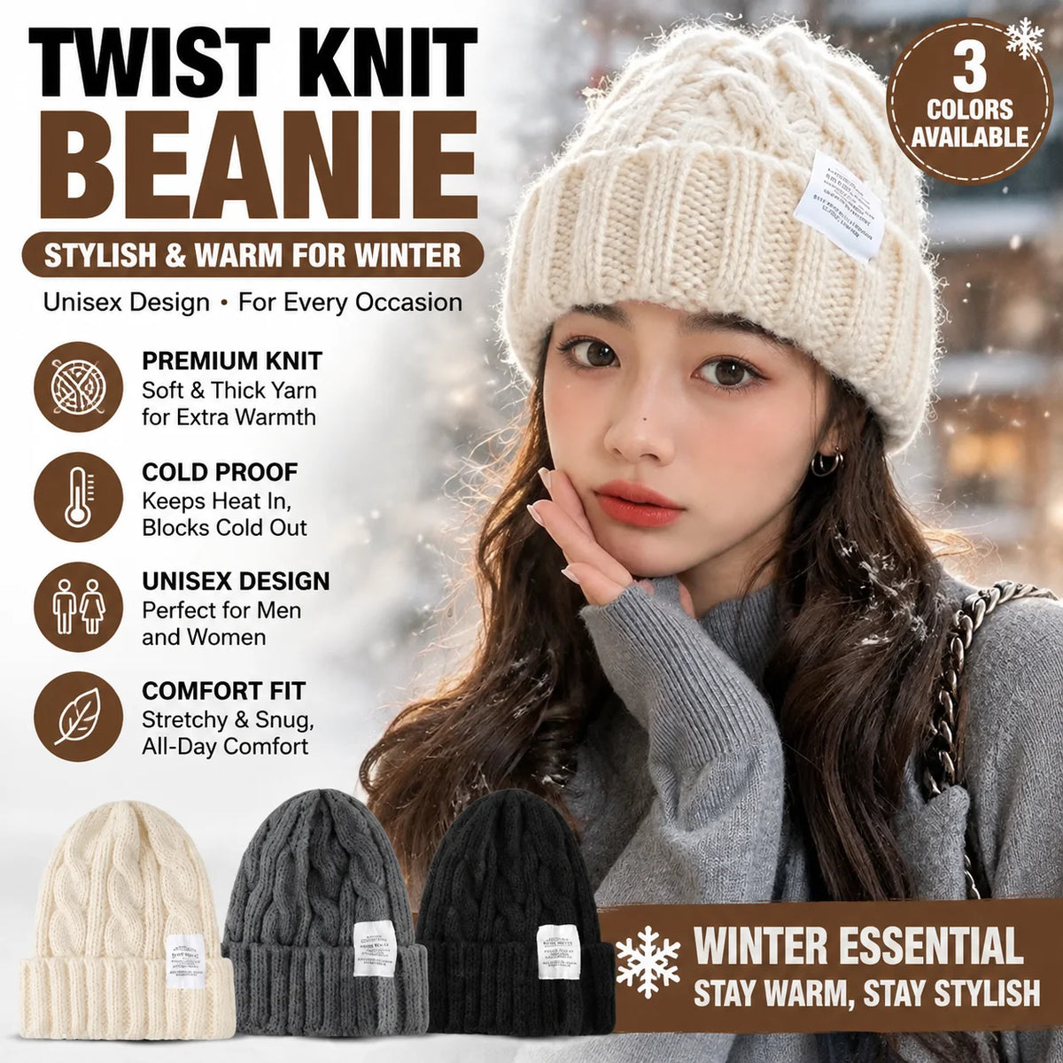 Twist Knit Beanie – Unisex Winter Warm Cotton Hat Knit Beanie Hat PLUSH
