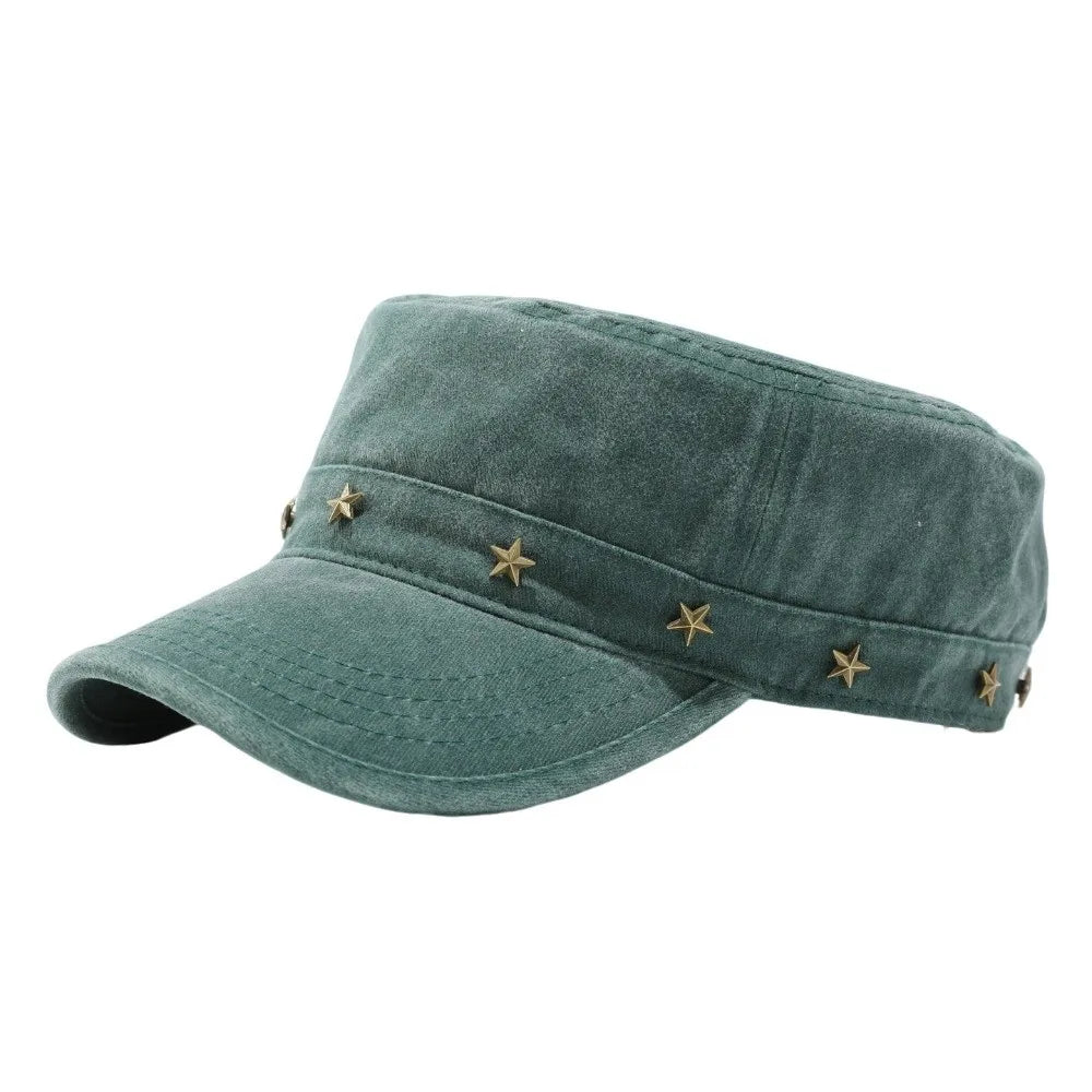 Washed Denim Flat Top Duckbill Cap – Retro Metal Rivet Hat Flat Top Cap PLUSH Bright Green