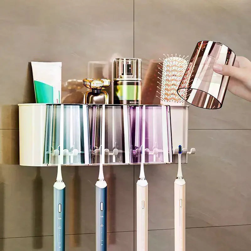 Wall Mounted Toothbrush & Mouthwash Cup Holder – No Drill Toothbrush Holder Set PLUSH
