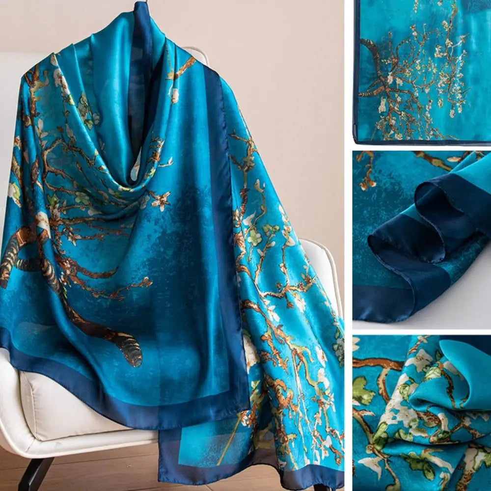 Women's Silk Chiffon Scarf – Lotus Print Shawl Wrap | 180cm Silk Chiffon Scarf PLUSH