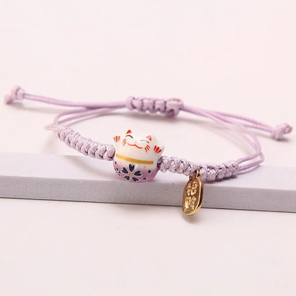 Ceramic Maneki Neko Charm Bracelet – Red Braided Rope Charm Bracelet PLUSH Purple